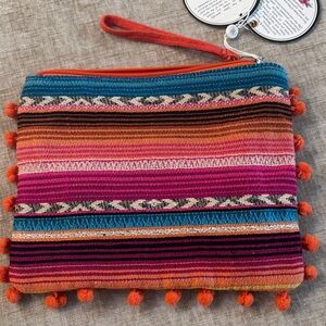 Boho Muliticolor Stripe Wristlet with  Pom-Poms - NWT